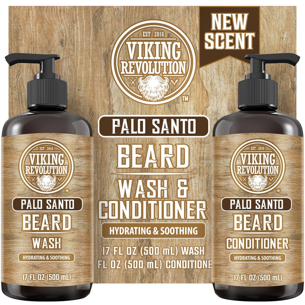 Viking Revolution Palo Santo Beard Wash and Beard Conditioner Set with Argan and Jojoba Oils - Softens and Strongs - Natural Palo Santo Lõhn - Beard Shampoo with Ginseng Juur Extract (17 oz)