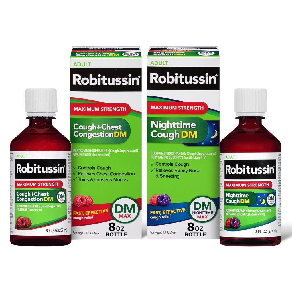 Robitussin DM Max Cough Plus Rindkere ummistus ja Robitussin Maksimaalne tugevus Öine köha DM, Täiskasvanute valemid - 2 x 8 Fl Oz pudelid