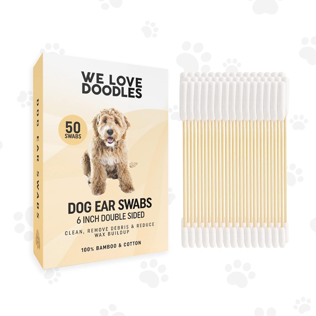 We Love Doodles Long Cotton Dog kõrvaklapid | Double Sided Qtips koertele | Suured puidust puhtamad pallid Tööriist | Q Näpunäited tampooniga kutsikate kõrvade loputamiseks | Puhastatud puidust pungad lemmikloomade kõrvadele | Pühi lahendus Q-Näpunäited