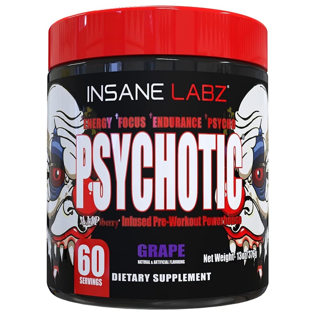 Insane Labz Psychotic, High Stimulant Pre Workout Pulder, Extreme Last Energy, Fookus ja vastupidavus beeta-alaniin, Kreatiin Monohüdraat, DMAE, 60 Srvgs, Viinamarja