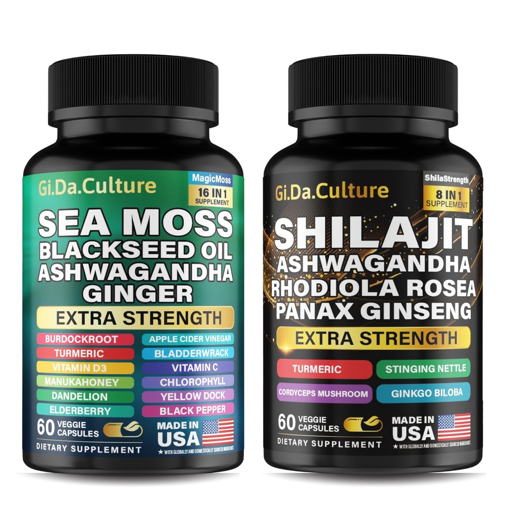 Shilajit ja Sea Moss Combo - Sea Moss ja Shilajit Bundle koos Ashwagandha, Black Seed, Kurkum, Põiewrack, Burdock, Black Pepper koos vitamiinide ja antioksüdantidega - 120 Veggie kapslit
