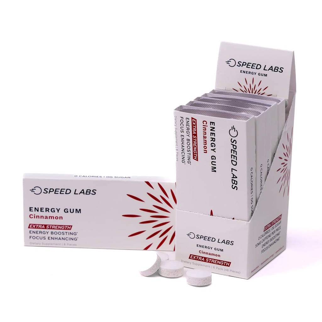 Kiirus Labs Kaneel Ekstra Tugevus Kofeiin Närimiskumm 50mg Kofeiin, Tauriin, & B vitamiinid ühe tüki kohta, 48 tükki (6 pakki 8 tükki) Suhkruvaba, nullkalorit, ei aspartaami, gluteenivaba