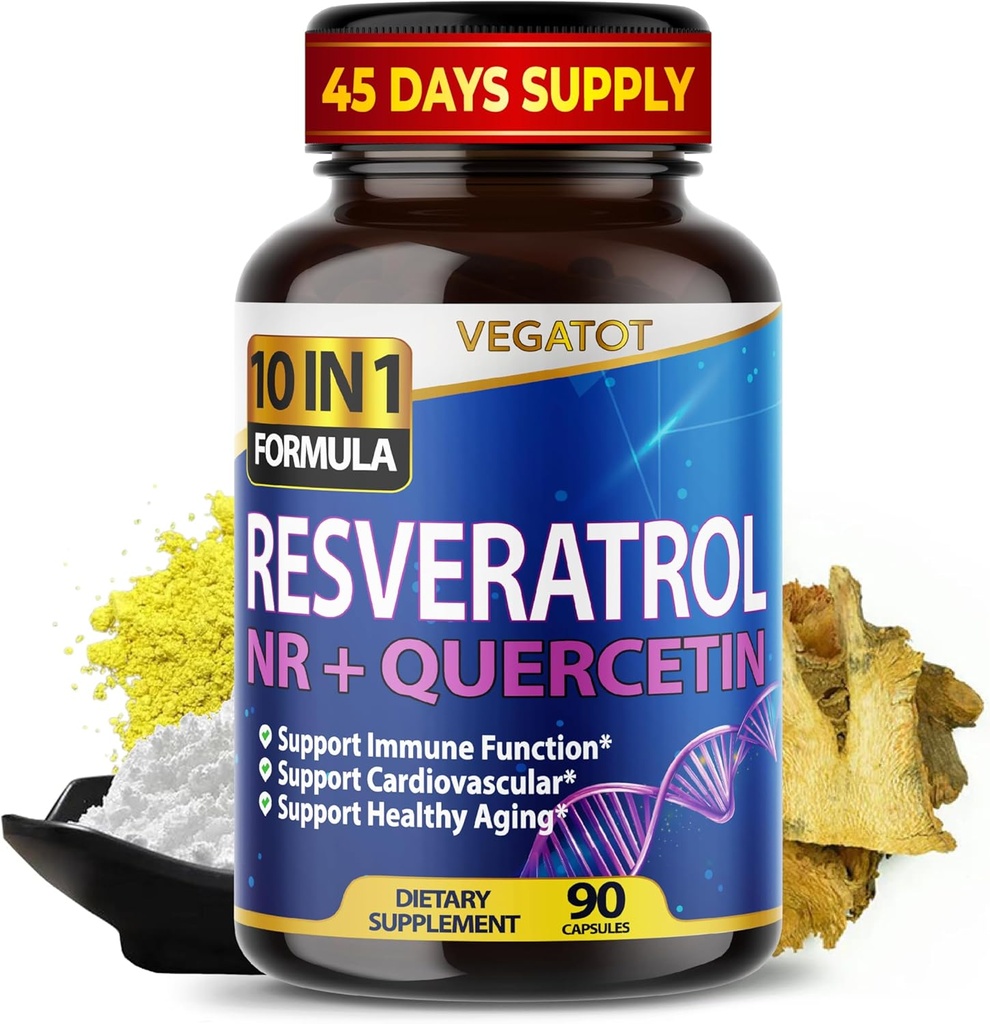 VEGATOT 10 in 1 Kõrge tugevusega resveratrool koos Quercetin tervena vananemisega Immuunaju suurendab liigese toetust (90 loend (pakend 1))