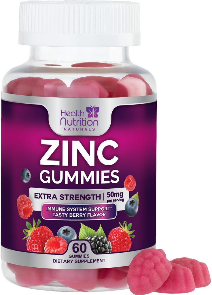 Tsink Toidulisandid 50mg Gummies - Max Tugevus Naha Tervis & Immuunsüsteemi Toetus Gummy, Vegan, Non-GMO & Gluteenivaba - Parim tsink Toidulisa Antioksüdant & Luude Tervis Maitsev Marjamaitse - 60 Gummies