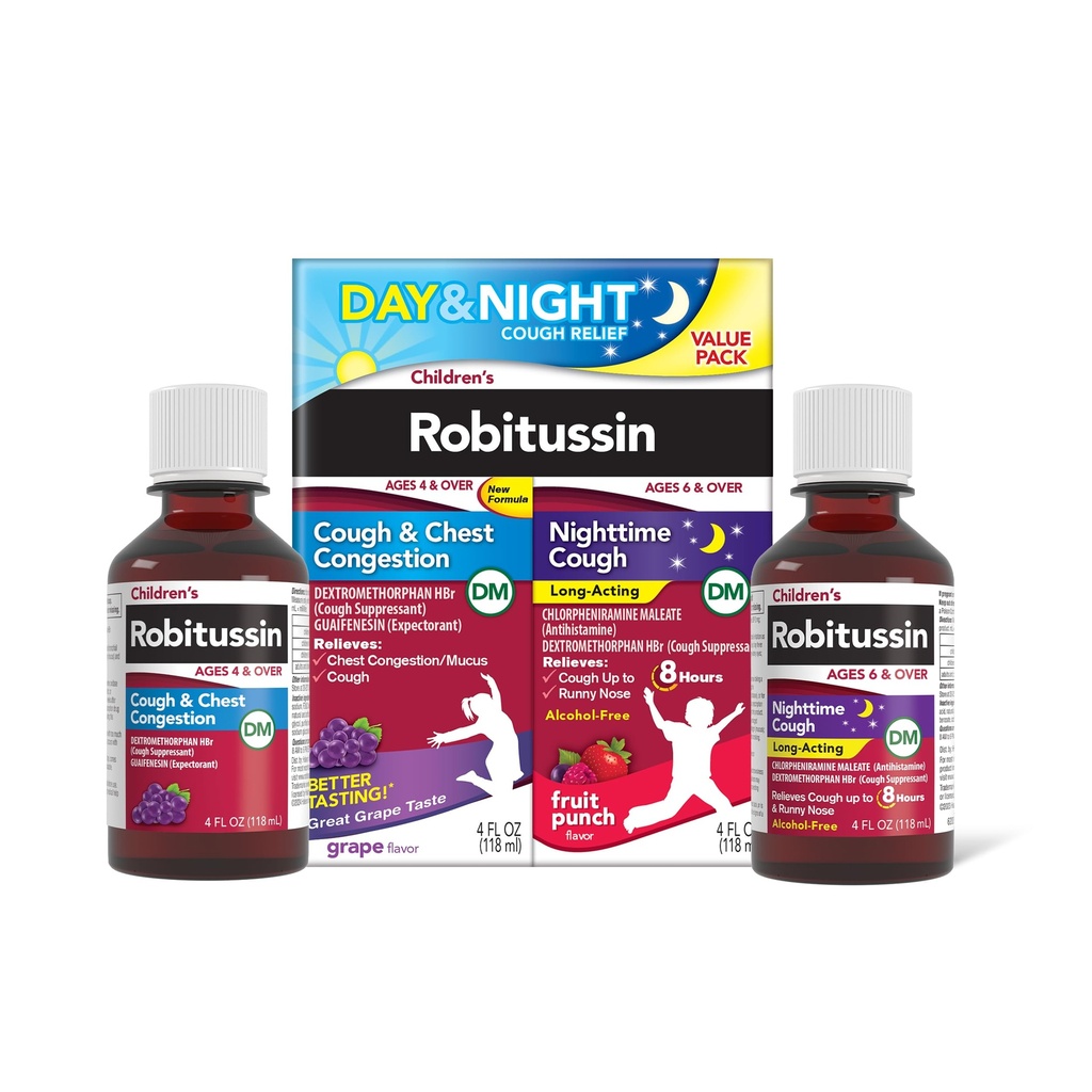 Laste Robitussin DM Day and Night Cough Relief Value Pack, Cough Medicine, Grape/Fruit Punch Maitse - 4 Fl Oz x 2