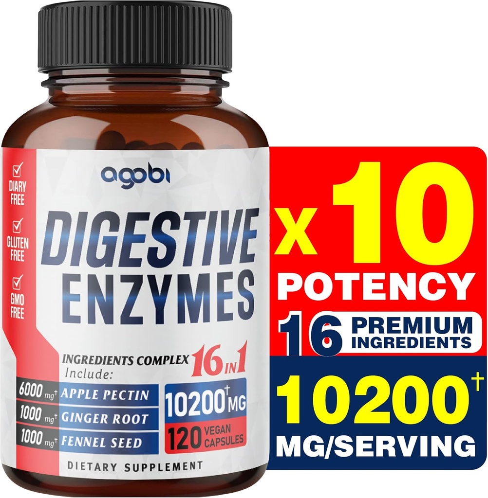 agobi 10200 Mg seedeensüümid koos prebiootikumidega seedimiseks, immuunsuse ja keha toetamiseks - 16in1 koos Apple Pectini, ingveri juure, prebiootikumisüsteemiga ja rohkem - 120 kapslit 2 kuud