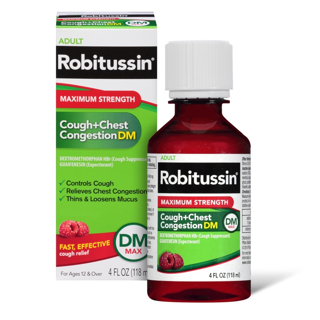 Robitussin Adult Maximum Streng Cough + Rindkere ummistus DM Max (4 fl. oz. Pudel), Köha supressant & Expectorant, Vaarikamaitse