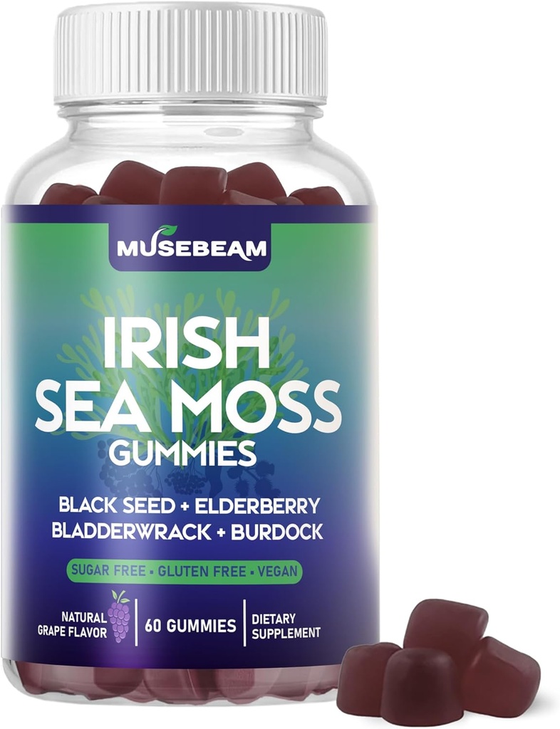 Iiri meri sammal-kummied - musta seemnega Elderberry Bladderwrack Burdock Kurkum Omega-3 vitamiinid C D3 Tsink - Seamoss toidulisandid täiskasvanutele Naised Mehed - suhkruvaba gluteenivaba vegan