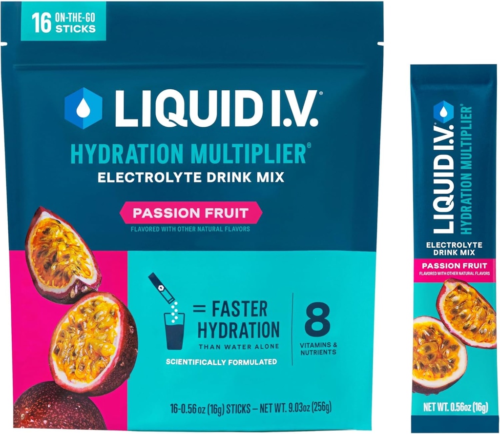 Vedelik I.V.® Hüdratsioonikordaja® - Passion Fruit - Hüdratsioonipulbri pakendid | Elektrolüütide pulbrijoogisegu | Mugavad ühekordselt kasutatavad pulgad | Mitte-GMO | 16 serveerimist (pakk 1)