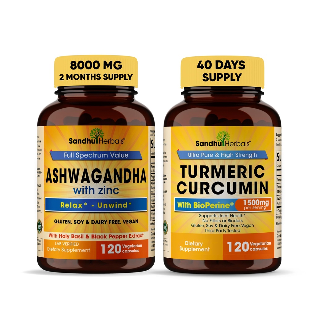 Sandhu taimed Orgaaniline 4in1 Ashwagandha w/Zinc & Organic Kurmeric Curcumin w/Bioperine Black Pepper Extract| Toetab immuunsüsteemi | Non-GMO