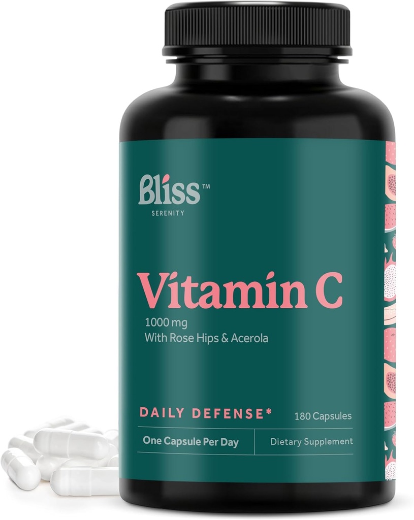 Vitamiin C 1000mg - kõrge tugevusega C-vitamiini täiendus igapäevaseks immuuntoetuseks koos Rose HIPS & Acerola Bioflavonoididega - mitte-GMO kontrollitud ja gluteenivaba, 180 VegCaps.