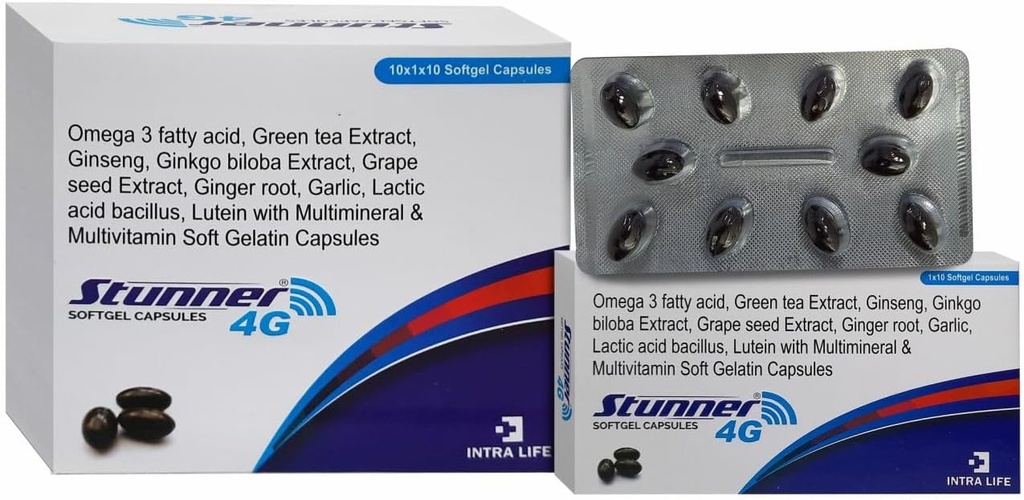 STUNNER-4G SOFTGEL CAPS inseng Extract Powder 42,5mg + Nisuiduõli 25mg + tsitruselised Bioflavonoids 20mg + Viinamarjaseemne ekstrakt 15mg + Natural Mixed Carotenoids (10% Dispersioon) 11,33mg + Green Tee Extract