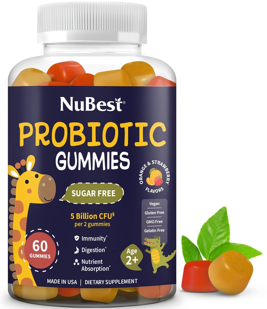 NuBest Daily Probiootilised Gummies Lastele Ja Teismelistele 5 Miljardit CFUd | Toetab Immuunsust, Soolestiku Ja Seedetrakti | Ei Lisatud Suhkrut | Yummy Maasika & Apelsini Maitseained | 60 Premium Vegan Gummies