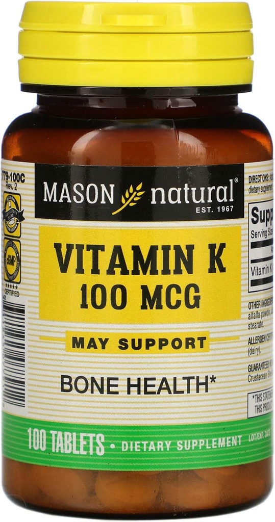 Mason Vitamiinid Vitamiin K 100 mcg Tabletid, 100-Count pudelid