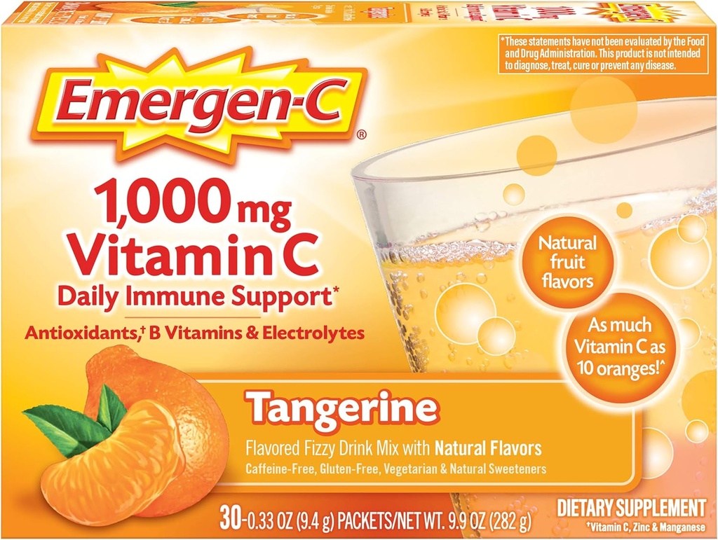 Emergen-C 1000mg C-vitamiini pulber, antioksüdandid, B-vitamiinid ja elektrolüüdid, C-vitamiini lisandid immuunsuse toetamiseks, kofeiinivaba Fizzy joogi segu, mandariini maitse - 30 loend