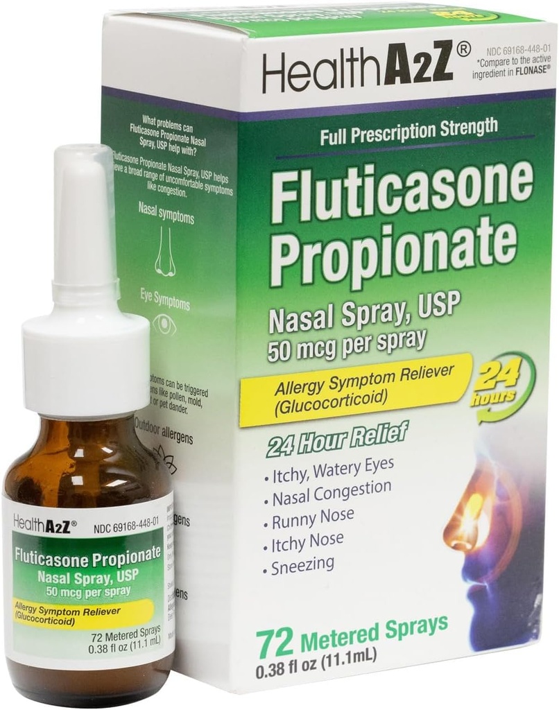 HealthA2Z® Flutikasoonpropionaat ninasprei | 50 mcg pihusti kohta | 24 tundi allergia leevendamist | 72 pihustit | 0,38 fl oz. (11,1 ml) | nina dekongestant | Mitte-uimane | Allergia leevendamiseks pihustamine