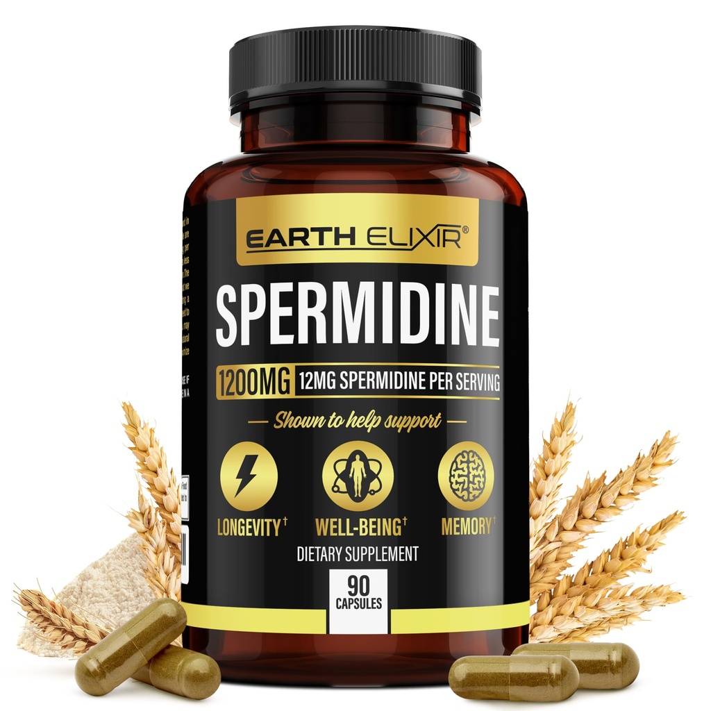 Earth Elixir Spermidine Supplements 1200mg (90 kapslit) - Anti Vananemine - 3. partei testitud (12mg Spermidine Powder) Max Puhtus - 100% puhas Espermidina- Fermented Nisuidude ekstrakt - NMN Alternatiivne