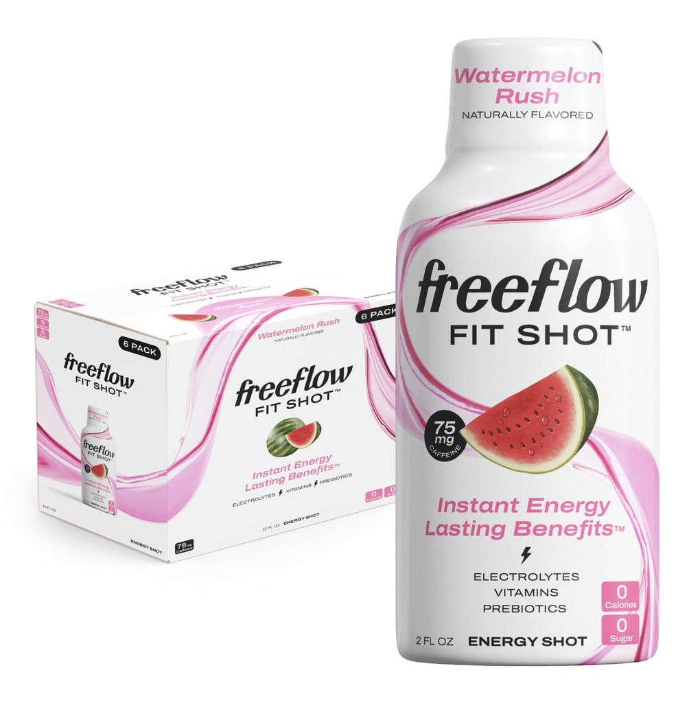 Freeflow Fit energia kaadrid, arbuus Rush, looduslik kofeiin Boost L-theanine, ženšenn, vitamiinid, prebiootikumid, elektrolüüdid (6 krahv, 2oz kaadrid)