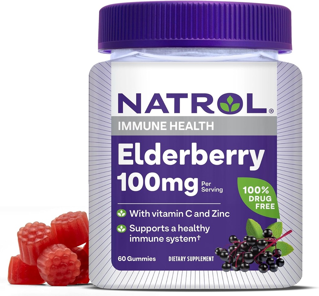 Natrol Elderberry 100mg kummikud immuunsuse tervise toetamiseks, 60 marjamaitselist kummikuid, 30 päeva pakkumine