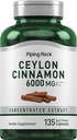 Piping Rock Ceylon Cinnamon Kapslid 6000mg | 135 Count | Kontsentreeritud taimse ekstrakti täiendus | meestele ja naistele | Mitte-GMO, Gluteenivaba