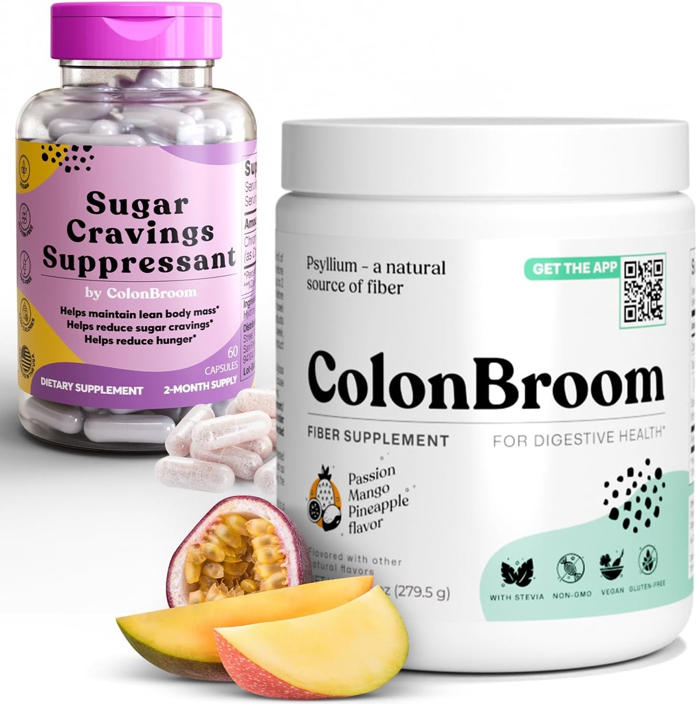 ColonBroom Psyllium Husk Pulber Suhkru iha supressant - Kroom Pikolinaat 200mcg, 2 eset - Colon Cleanser Fiber Supplement (50 Servings) + Suhkru iha supressant (60 Servings)