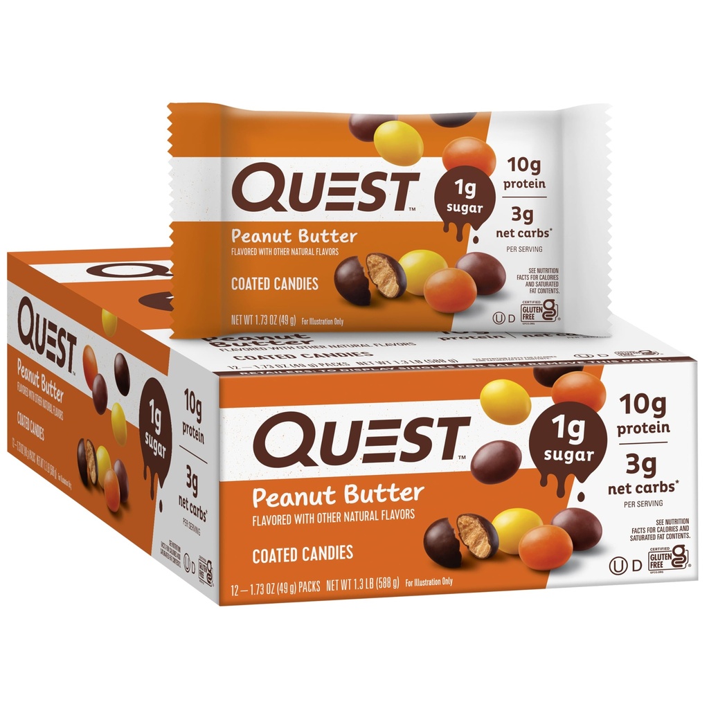 Quest Nutrition kaetud kommid, maapähklivõi, 1g suhkur, 10g valk, 4g Net Carbs, Gluteenivaba, Keto Sõbralik, 12 krahv