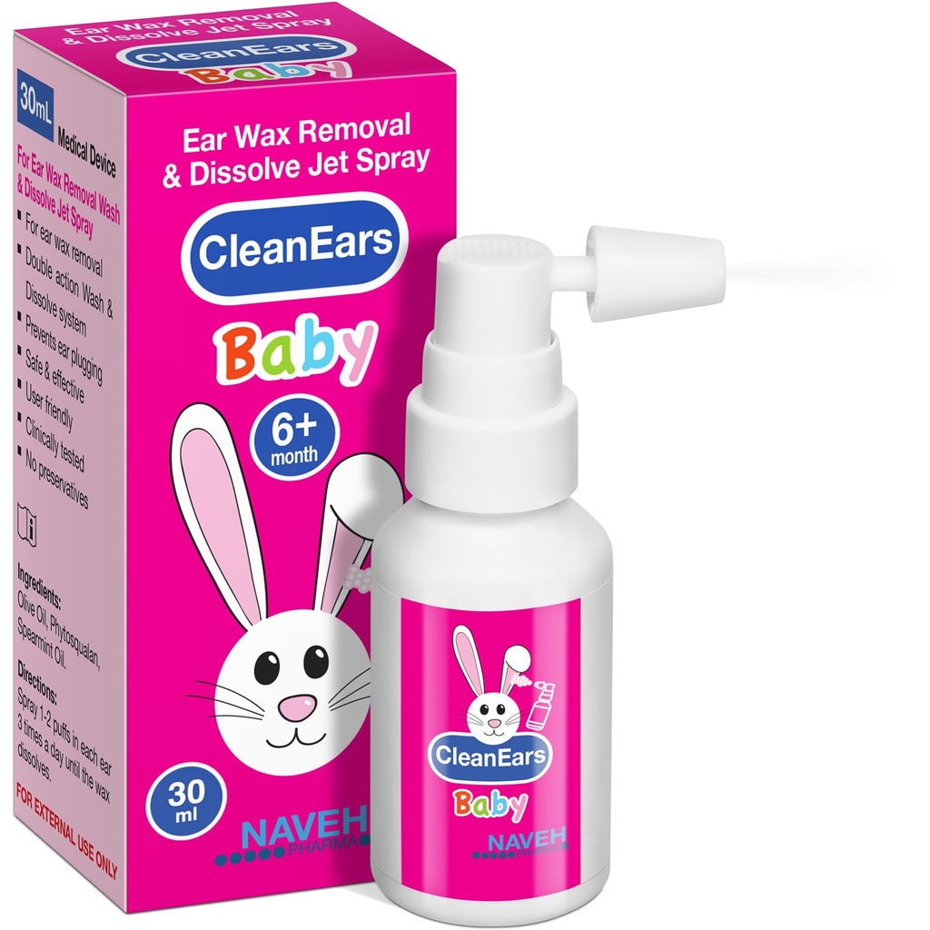 NAVEH PHARMA® CleanEars Baby | Kiiretoimeline Kõrvavavaha Eemaldamine Spray | Puruneb & Lahustub Kõrvavavaha Just 1 ravi | Kliiniliselt tõestatud, et olla 300% tõhusam | Mineraalõli, õrn & ohutu | 1 OZ