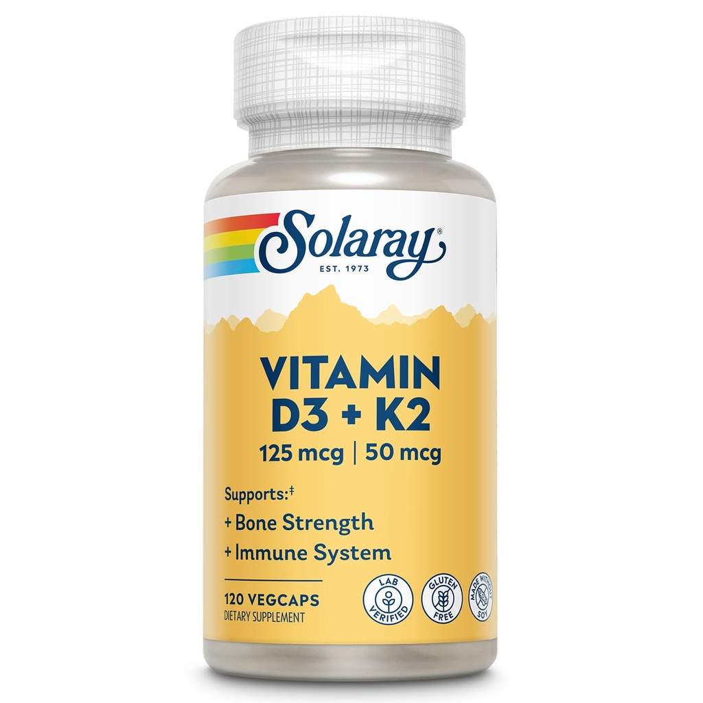 SOLARAY Vitamiin D3 K2 - Luude tervise ja immuunsuse tugisammas - 5000 IU D-vitamiini Vit D3 ja 50 mcg K2-vitamiini Menokinoon MK7, valmistatud ilma soja, 60-päevane garantii, 120 Serv, 120 VegCaps