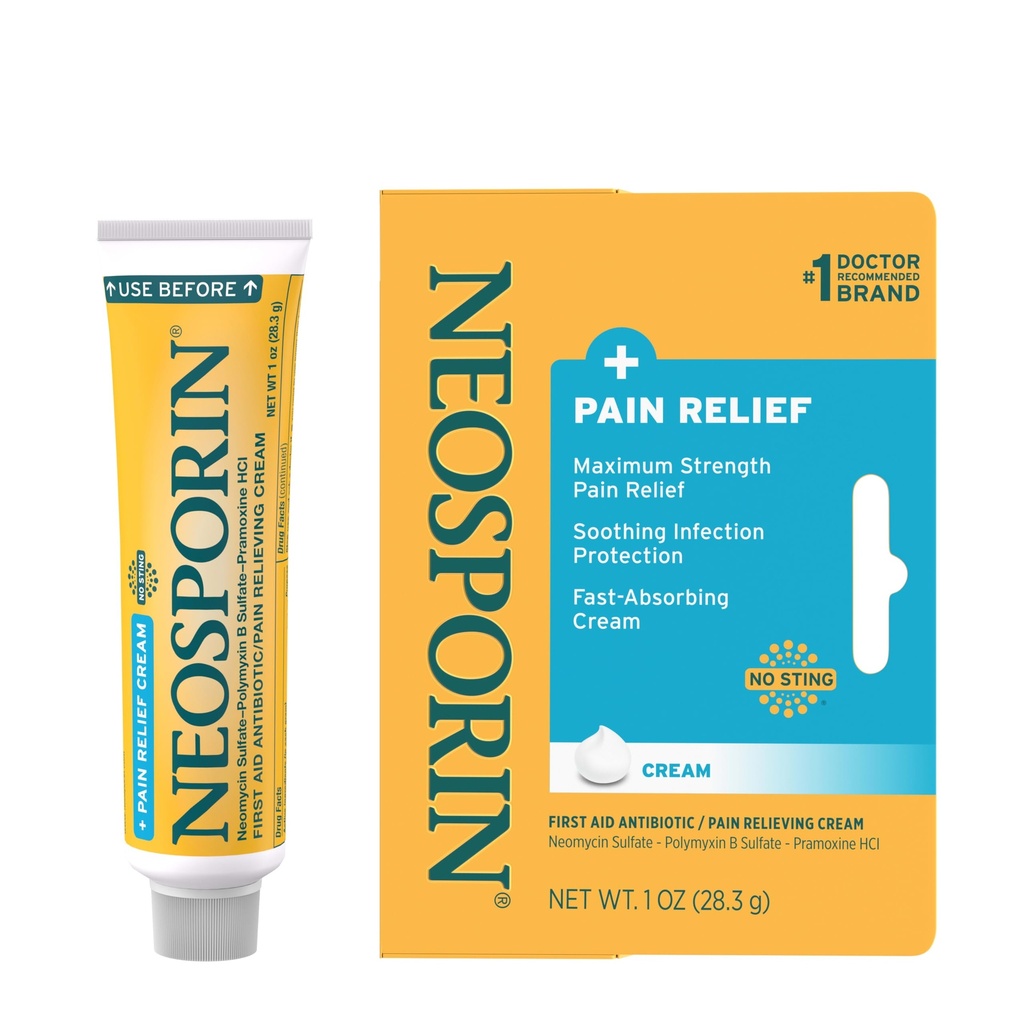 Neosporiin + maksimaalse tugevusega valu leevendav kahekordne tegevuskreem, esmaabi paikne antibiootikum ja analgeetiline kreem väiksemate kärbete, pragude ja põletuste haavahoolduseks, polümüksiin B & pramoksiin HCl, 1 oz