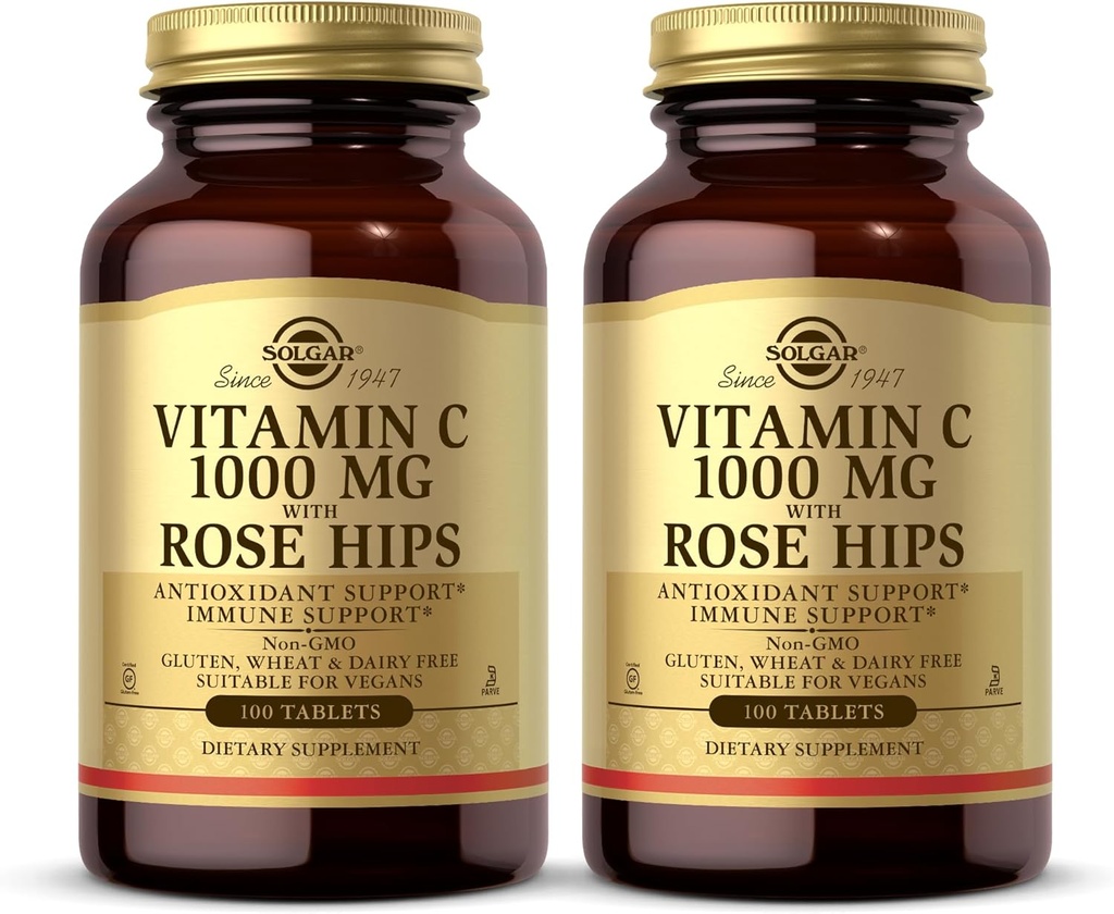 Solgar Vitamiin C 1000 mg koos Rose HIPS - 100 tabletti, pakendis 2 - Antioksüdant & Immune Support - Non-GMO, Vegan, Gluteenivaba, Piimavaba, Kosher - 200 Kokku Servings