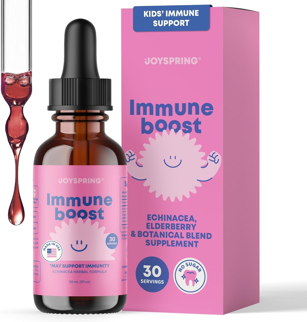 JoySpring Immune Drops - Laste immuunsuse tugisammas (1 fl oz, 30 Servings) koos orgaanilise Elderberry Liquid, Echinacea, Oregoni viinamarjajuure ja apelsinikoorega vanuses 2-16+ Aastad ja täiskasvanud