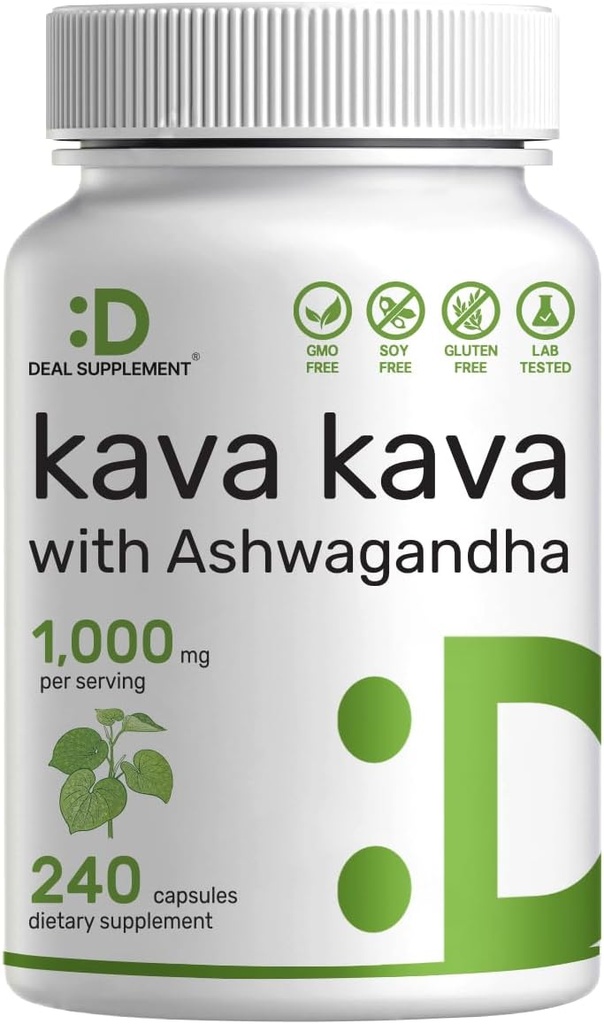 Pakkumise täiendus Kava Täiendus 750mg Serving, 240 kapslit, 4 kuud Pakkumine - Kava juure ekstrakt koos Ashwagandha juurepulbriga - Non-GMO