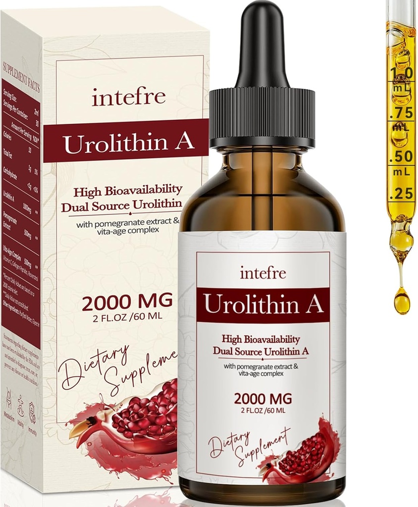 Urolitiin Vedelik tilgad 2000mg, urolitiin A toidulisand granaatõuna ekstrakti, Vita-Age kompleks, toetab tervislikku vananemist ja rakkude parandamist, 60ml
