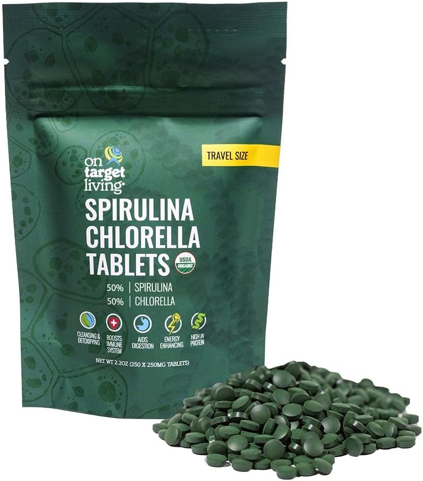 On Target Living Organic Spirulina Chlorella Travel Suurus | Super Greens | USDA Organic | 250 G (2, 2 oz) | Vegan | Immune Support | Alkalyzing | Valgu tihedus