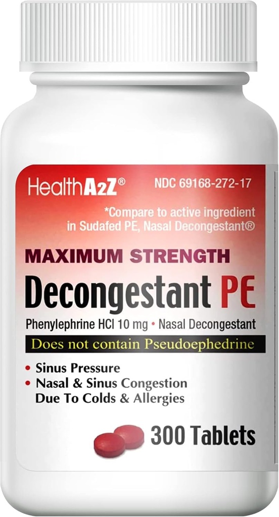 HealthA2Z® dekongestant PE | Phenylephrine HCl 10 mg | Maksimaalne tugevus | Nina ja siinuse ummistuste leevendamine külma ja allergiate tõttu (300 loend (1. pakk))