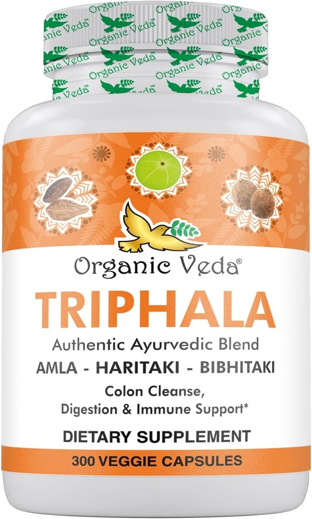 Orgaaniline Veda Triphala pulber 300 kapslit, 1000 mg - orgaaniline Triphala lisand koloonia puhastamiseks, immuunsüsteemi, soolestiku ja seedimiseks Tervis - Terved rohelised antioksüdandid Amla, Haritaki & Bibhitaki - Vegan pillid