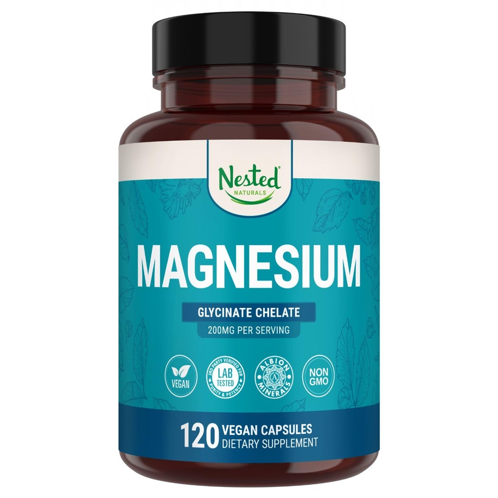 Nested Naturals Magneesium Glycinate Chelate - 200mg Kelateeritud Magneesiumilisa lihaskrampide, lõõgastuse ja unetugi - 100% Albion TRACCS puhverdatud magneesiumglütsinaat - 120 Vegan Kapslit