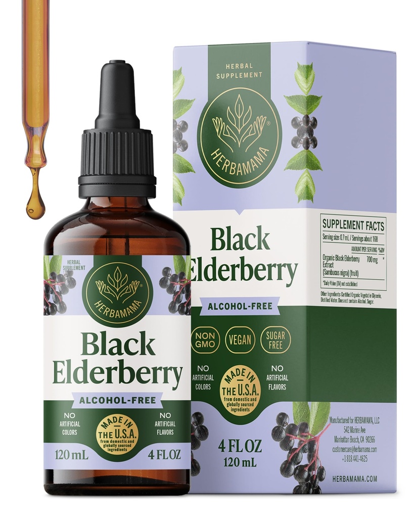 HERBAMAMA Black Elderberry tilgad - Vegan Elderberry Liquid Extract immuunsüsteemi toetuseks - Mitte-GMO, alkohol ja suhkruvaba immuunsuse täiendus, 42-päevane pakkumine