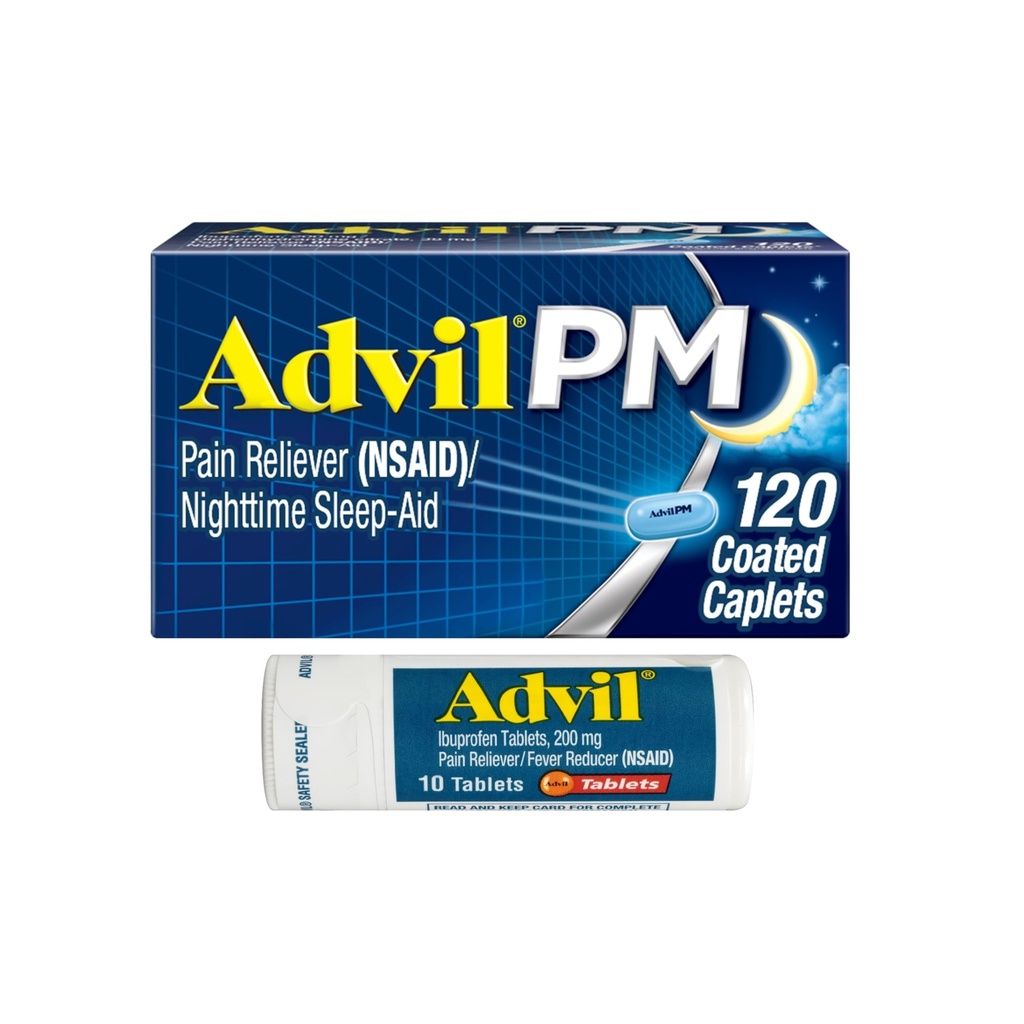 Advil PM valu leevendaja ja öine uneabi, ibuprofeen valu leevendamiseks ja difenhüdramiintsitraat uneabi - 120 kaetud kapslit ja valu leevendaja ja palaviku vähendaja, 10 loend tablette