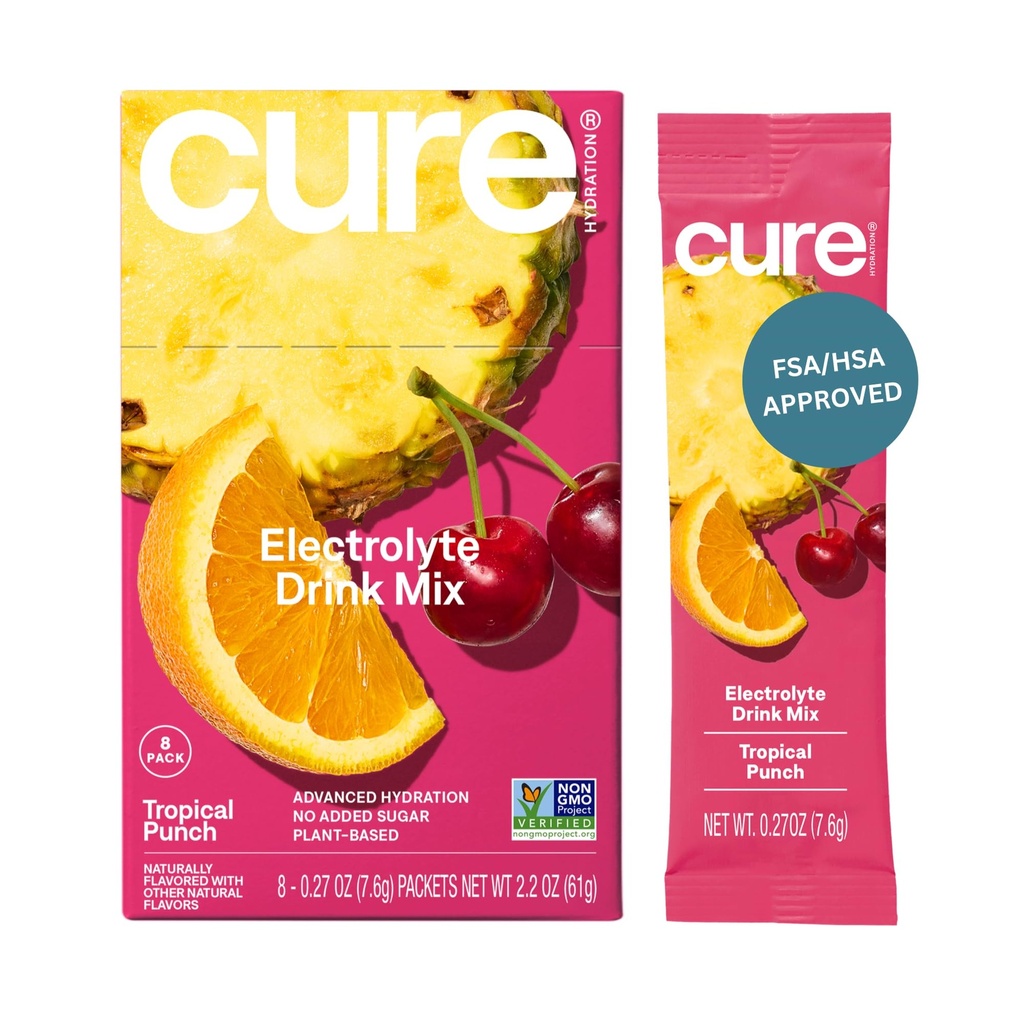 Cure Hydration | Plant-Based Electrolyte Drink Mix | No Add Sugar | Dehüdratsioon Relief Pulber valmistatud kookosvesi | Non-GMO | Vegan | Karp 8 pakendit - Tropical Punch