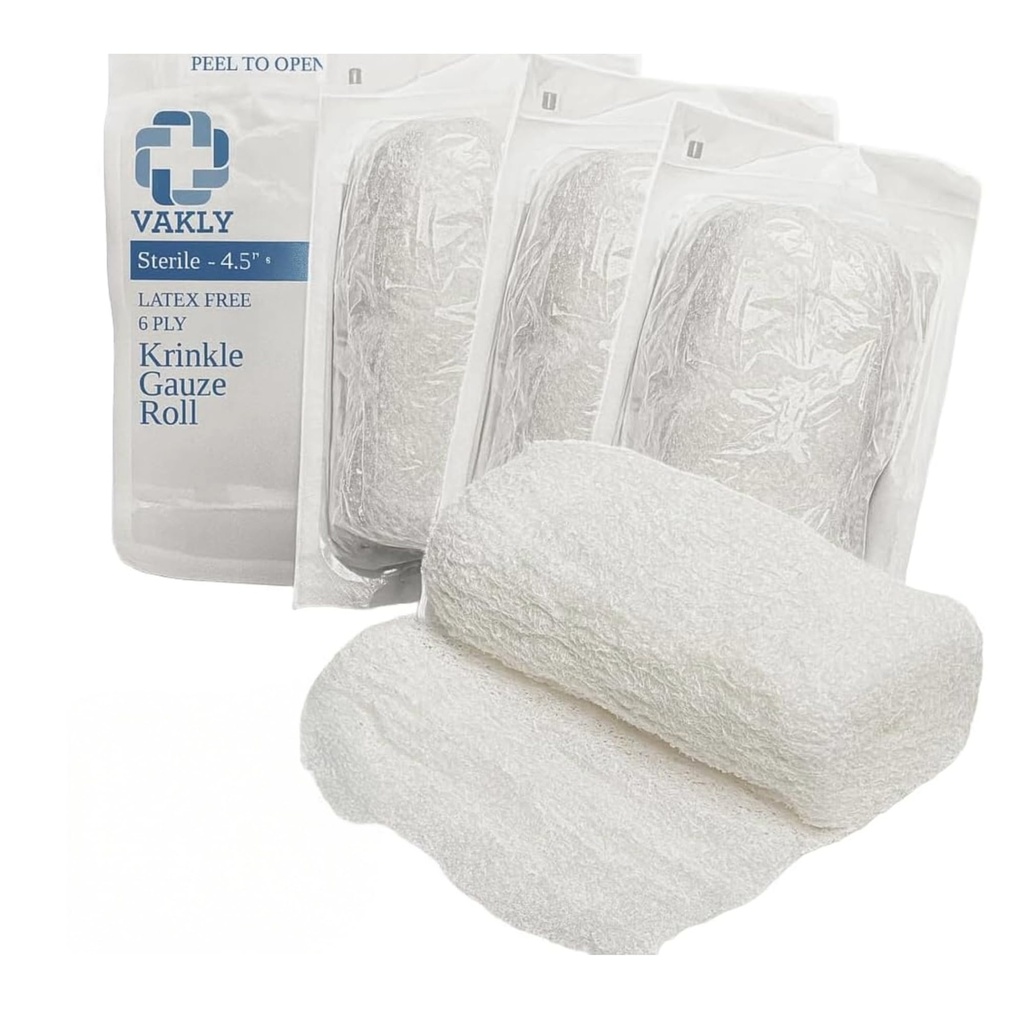 Vakly Sterile Krinkle Kerlix Tüüp Gauze Bandage Rolls [5 Pack] Väga imenduv Fluff 100% Puuvillast Bandages Roll 4.5 "x4.1yds 6-Ply - Individuaalselt pakitud Võrgusilma Gauzes + Medical Lipe - Pakend võib varieeruda