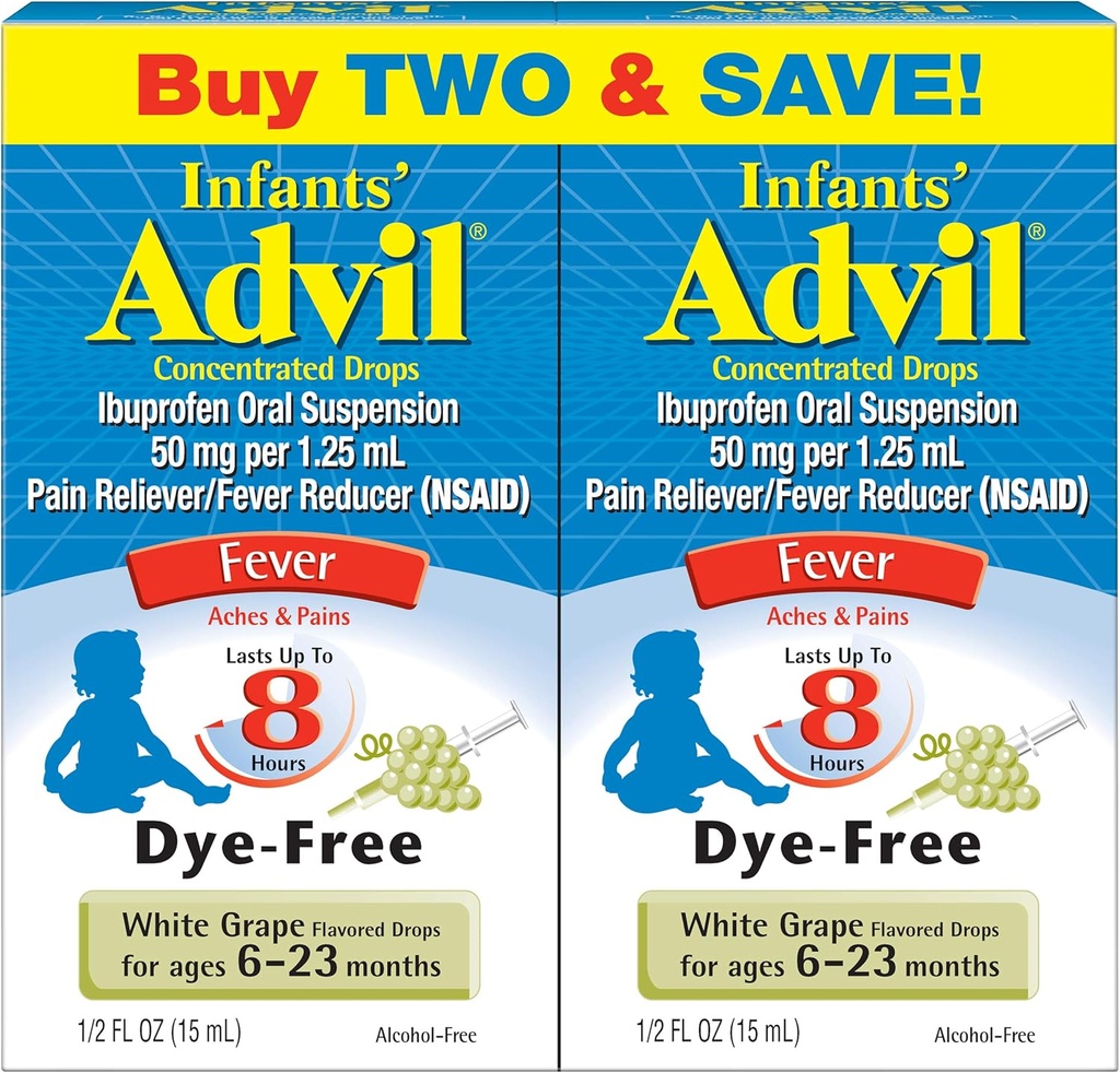 Advil Infants' Fever Reliever Dye-free, 50mg Ibuprofeen kontsentreeritud tilgad (Valge viinamarjamaitse, 0,5 fl. oz). Pudel, pakk 2