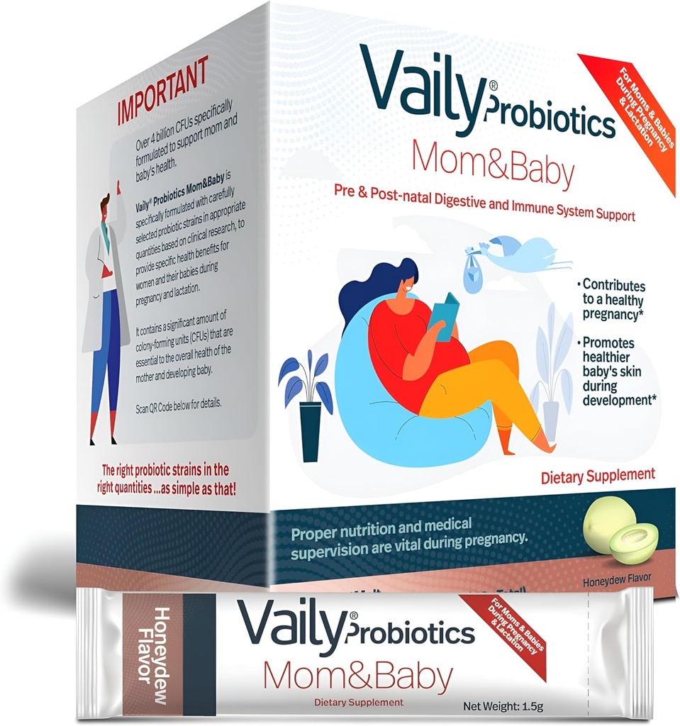 Vaily Mom & Baby Probiootikum - Post & Prenataalsed Vitamiinid Probiootikumid Pulber naistele - Tugevdab Immuunsüsteemi Ja Seedetrakti Tervist, Tervislik Beebi Nahk - Sünnieelne Essentials, Lihtne Seedimine - 30 Pulgad