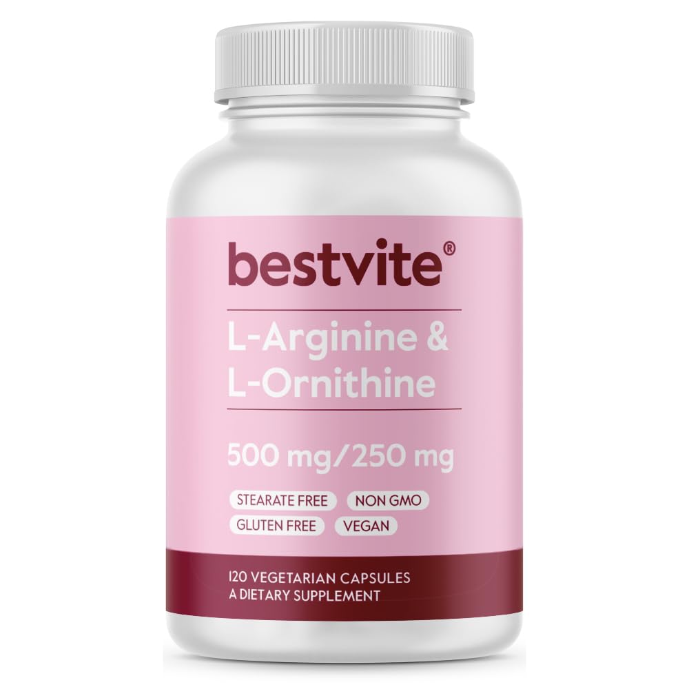 BESTVITE L-arginiin L-ornitiin 500–250 (120 taimekapslit) – Steaate ei ole – täiteaineid ei ole – vegan – mitte GMO – gluteenivaba – kaltsiumsilikaati ei ole