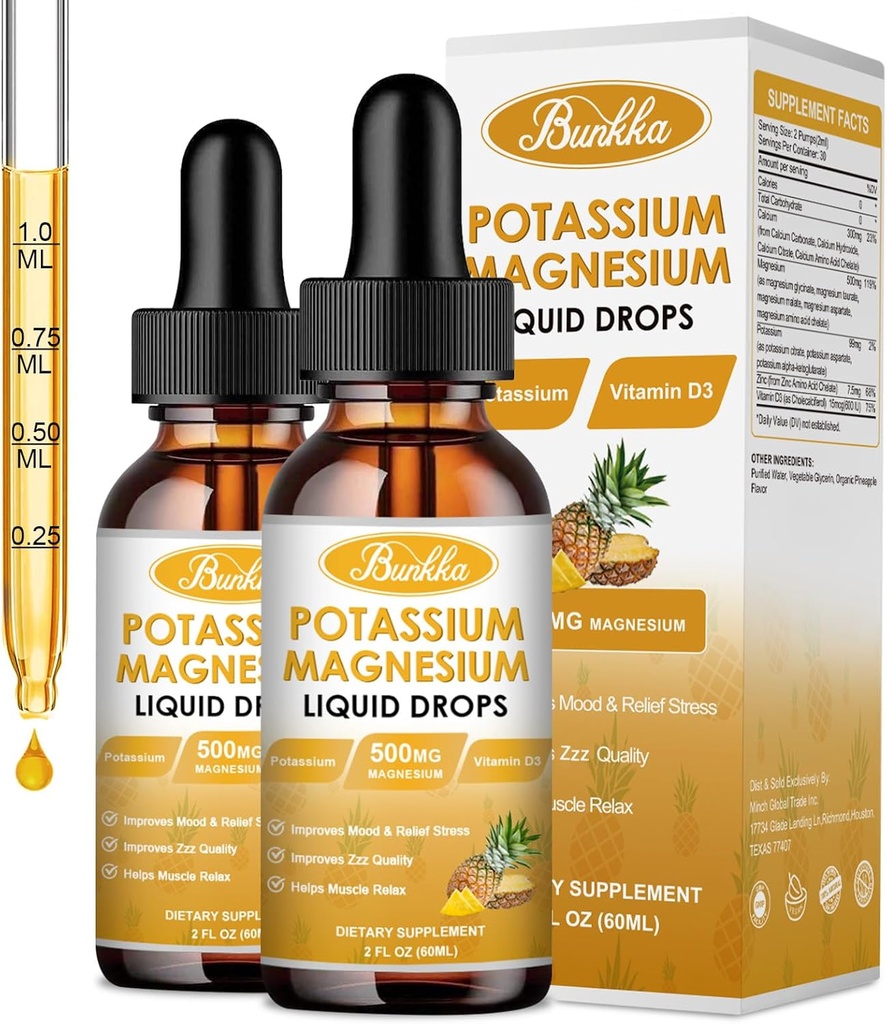 (2 Pack) Kaalium Magneesiumilisand, magneesiumi kaaliumilisandid kaltsiumiga, D3-vitamiin, tsink, suhkruvaba ja vegan Vegan Vedelad tilgad Täiendus jalgade krampidele, energiale, täiskasvanutele ja lastele