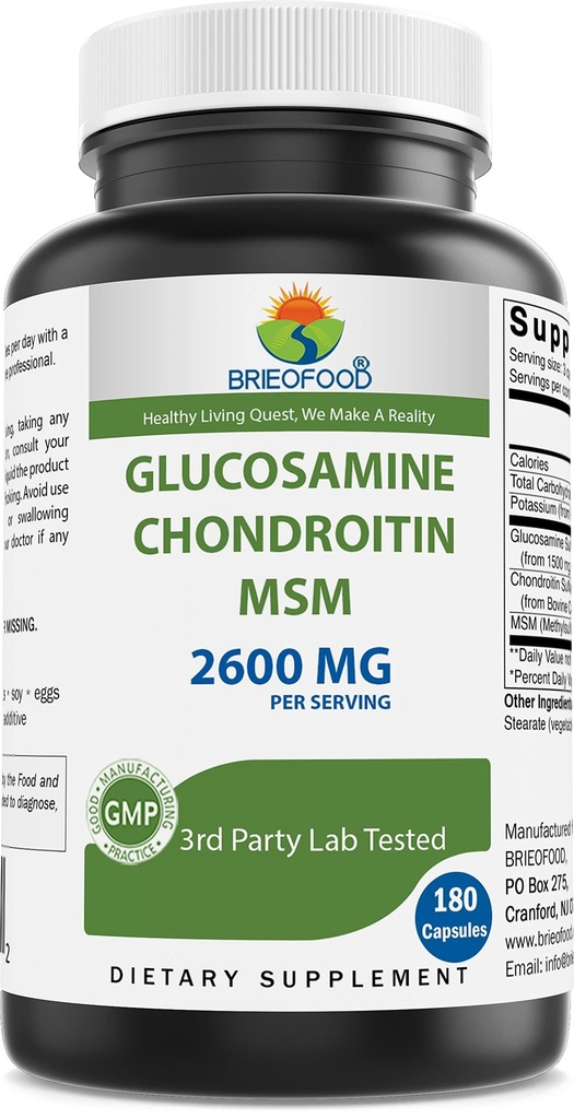 Brieofood Triple Tugevus Glükoosamiin Chondroitin MSM 2600mg / Serving Kapslid, toetab tervislikku liigest, kõhre ja sidekoe - soodustab ühist mugavust ja paindlikkust 180 loend