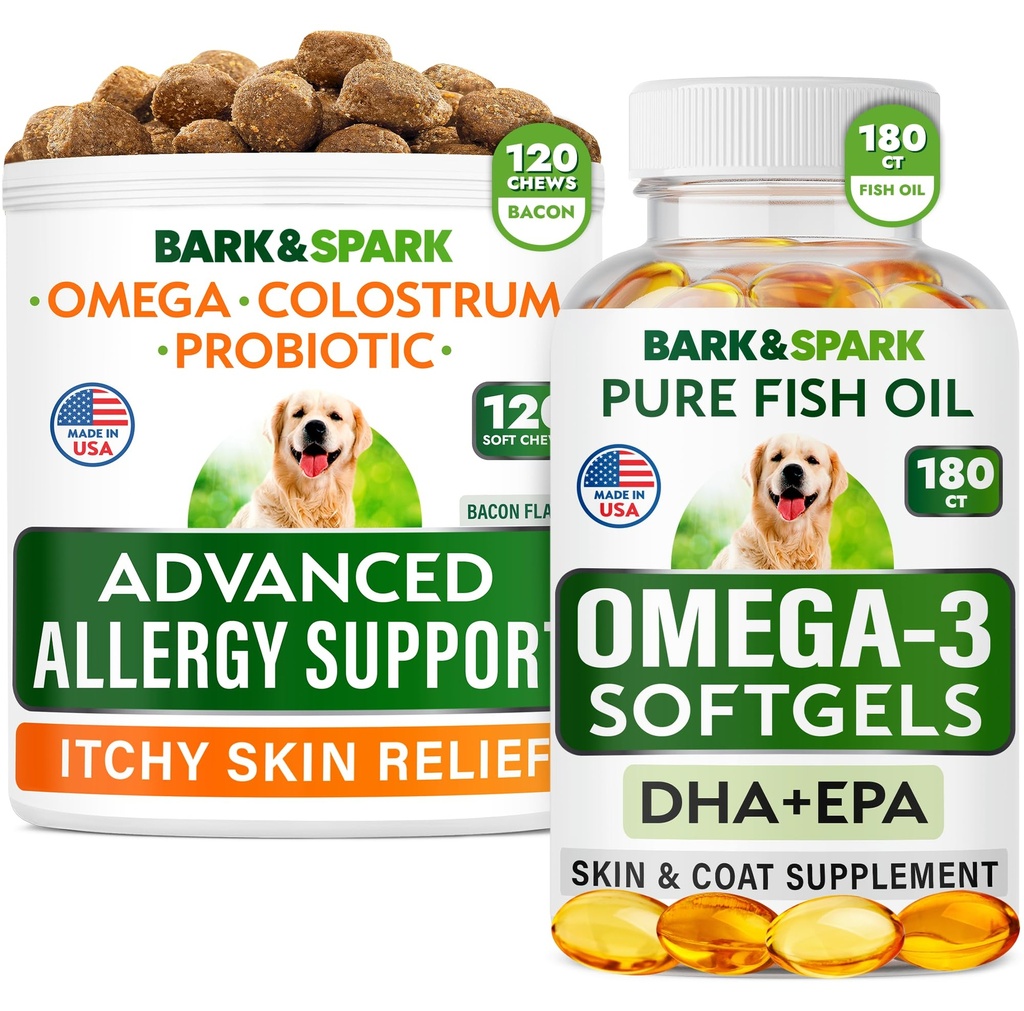 Advanced Dog Allergy + Omega 3 Bundle - Itch Relief - Probiootikumid w / Kalaõli Omega 3 + EPA & DHA rasvhape - Nahaallergia + liigeste tervis - 120 närimist + 180 softgels - peekon + kalamaitse - valmistatud USAs