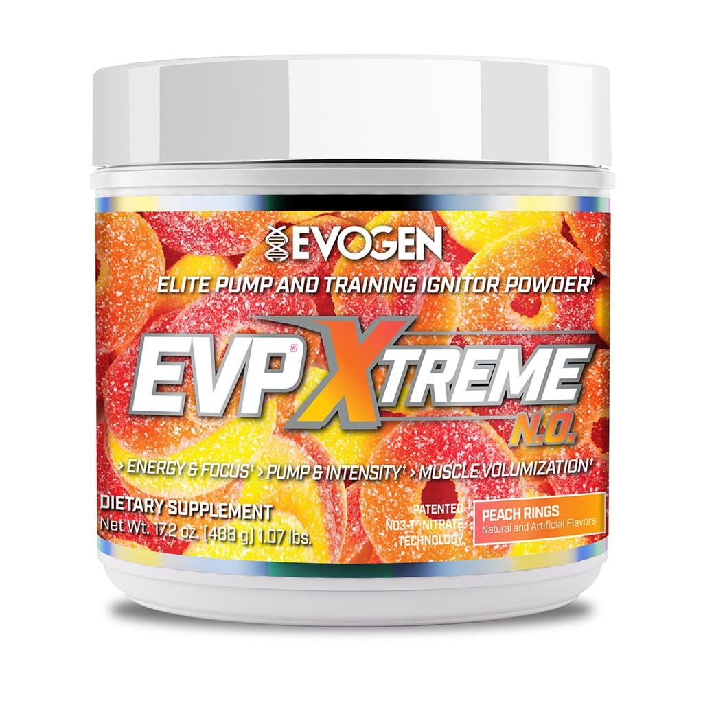 Evogen EVP Xtreme NO - Pre Workout Pulber meestele ja naistele | Sugar Free Preworkout beeta-alaniin, kreatiini ja kofeiini energia ja pumba | Peach Rings | 40 Servings
