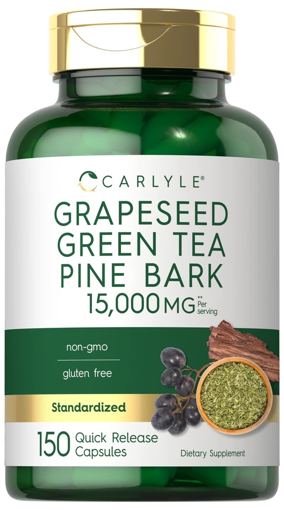 Carlyle viinamarjad, roheline tee, männikoor | 15 000mg | 150 kapslit | Mitte-GMO ja gluteenivaba toidulisand