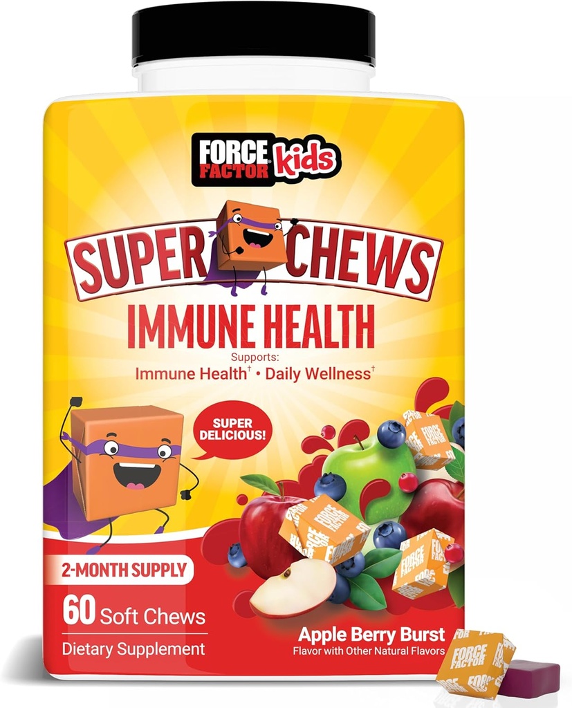 FORCE FACTOR Kids Immune Health Super Chews, Kids Immune Support Supplement koos D-vitamiiniga lastele, Elderberry, C-vitamiin ja tsink, 2-kuuline pakkumine, mitte-GMO, Apple Berry Maitse, 60 Soft Chews